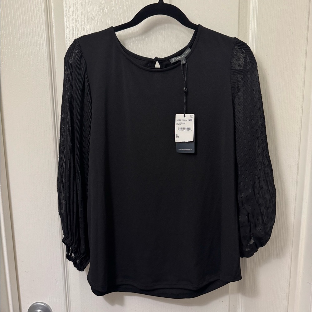 Adrianna Papell Black Blouse with Textured Sleeves